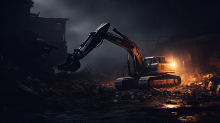 underground excavators in thailand are captured in this dark and moody still life video. rendered in unreal engine, the footage showcases the machines digging for wood and clearing debris. the concept art-inspired visuals depict inclement weather, creating a captivating atmosphere. this video is a blend of 2d game art, backlit photography, and hdr techniques, resulting in a visually stunning and immersive experience. ai generatedの素材