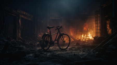 a bicycle sits amidst a blazing fire within a burning environment, captured with the distinctive style of the tokina at-x 11-16mm f/2.8 pro dx ii lens. the scene showcases post-apocalyptic backdrops, featuring a soft atmospheric perspective and a matte photo finish. the composition includes rusty debris, adding to the overall ambiance of the image. ai generatedの素材