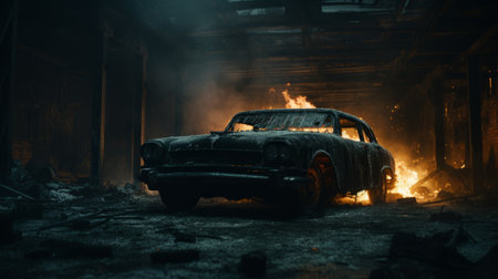 an old car sits in the dark depths of an ancient warehouse, exuding a burnt and charred appearance. this captivating image captures the essence of pop-culture-infused, realistic genre scenes, reminiscent of american tonalist art. the supernatural creatures lurking in the shadows add an eerie touch to this 1960s-inspired photograph, shot with the iconic ilford sfx film. ai generatedの素材