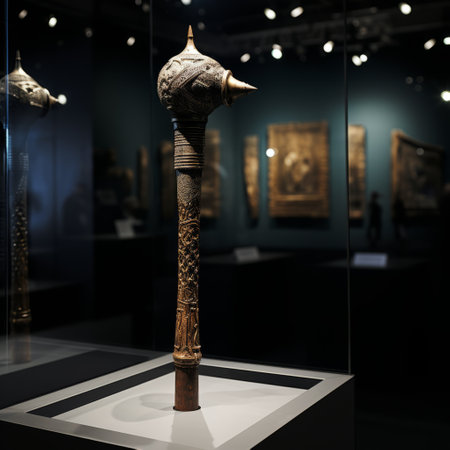 a small wooden object in the style of dayak art, featuring intricate carvings and a unique design. this interactive exhibit showcases the craftsmanship and cultural significance of the dayak people. with its navy and bronze color palette, it beautifully complements the surrounding artworks by hans makart, mikalojus konstantinas ciurlionis, and jessie arms botke. ai generatedの素材