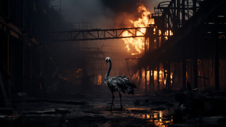 an ostrich walks amidst the fiery remains of a building, creating a post-apocalyptic scene. this captivating image, captured with a sony fe 12-24mm f/2.8 gm lens and processed with darktable, combines elements of concept art, industrial inspiration, dutch genre scenes, and japanese photography. ai generatedの素材