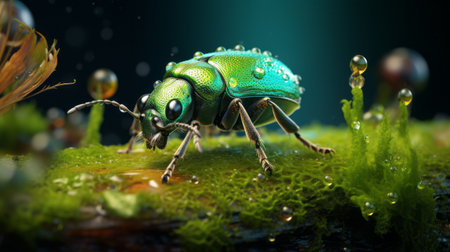 a green animation wallpaper featuring a hyper-realistic bugcore and forestpunk style. the illustration showcases detailed character illustrations made of insects, surrounded by light, water, and sunlight. this national geographic-inspired photo captures the essence of nature with a vibrant color splash. ai generatedの素材