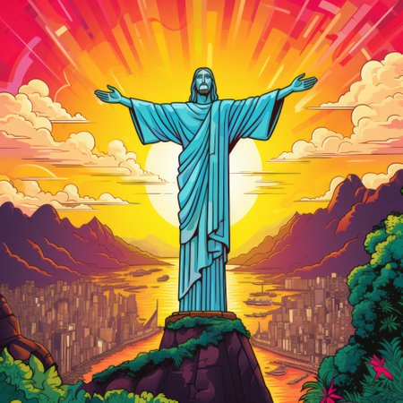 the statue of christ, standing proudly in the sun, overlooks an island. the vibrant color gradients and linear illustrations give it a bold and eye-catching appearance, reminiscent of bold posters. the sgrafitto technique adds intricate details to the statue, creating a hyper-detailed masterpiece. the surrounding landscape portrays an apocalyptic scene with terraced cityscapes. ai generatedの素材