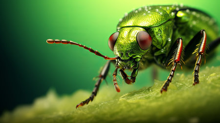 an insect resting on vibrant green grass against a lush green backdrop. this photo showcases a meticulously crafted portrait of the insect, created using cinema4d rendering techniques. the intricate details, including the insect's shiny eyes, are captured with photographic precision. the use of ue5 technology enhances the visual impact, while a color splash effect adds an artistic touch. this image is a stunning example ofの素材