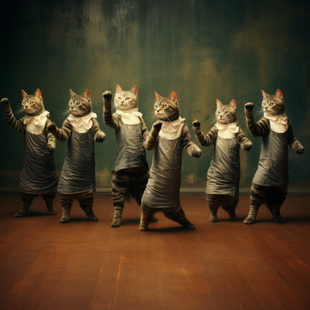 cats in tight clothing perform in the dark, showcasing lively movement in the style of joel robison. this historical illustration, reminiscent of patricia piccinini's work, features elongated figures with a touch of dry wit humor. the composition pays homage to ramses younan's artistic approach. ai generatedの素材