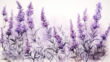 a lavender flower watercolor illustration on a white background, resembling vibrant stage backdrops. this artwork by svetlin velinov showcases monochromatic masterpieces with digitally enhanced details. the free brushwork creates soft and romantic scenes, complemented by elaborate borders. ai generatedの素材