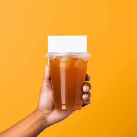 woman holding disposable teacup on yellow background with a blank card. the photo is styled with transparency and opacity, featuring dark orange and light gray tones. it embodies the larme kei aesthetic and is packed with hidden details. the hyper-realistic water and photorealistic detail add to its appeal. this image also showcases traditional vietnamese elements. ai generatedの素材