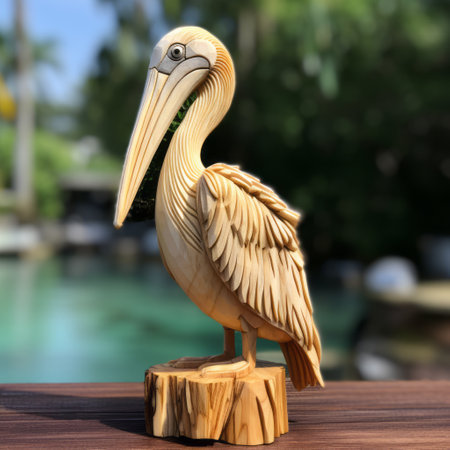 a pelican sculpture is depicted on a wooden base, positioned near the water. this wood sculpture showcases intricate details and accuracy, with a light yellow and light beige color palette. the piece features engraved ornaments, resembling the patterns of a reefwave. captured using a rollei prego 90 camera, the photograph highlights the pelican's wandering eye. ai generatedの素材