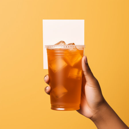 woman holding up a glass of sweet tea with a white paper straw against a vibrant yellow background. the image is edited in a style that combines dark orange and light indigo hues, creating a visually striking contrast. the use of transparency and opacity adds depth to the composition, while subtle monochromatic tones enhance the overall aesthetic. the post-processing techniques result in hyper-realistic details, withの素材