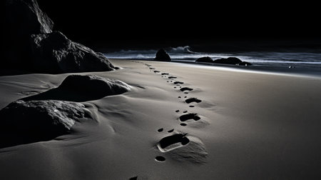 footprints and waves on a beach at night, captured in the style of chiaroscuro portraitures. this highly detailed photograph showcases a dark, white, and black color palette, creating an otherworldly landscape. the grandeur of scale and adventure-themed atmosphere make it a captivating image. explore this mesmerizing scene on flickr. ai generatedの素材