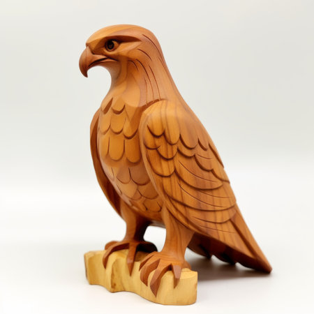 griffin perched on a tree stump wood carving, featuring a mesmerizing optical illusion style against a white background. this iconic american artwork, inspired by yervand kochar and kenro izu, showcases meticulous linework precision with a combination of dark yellow and light red hues. ai generatedの素材