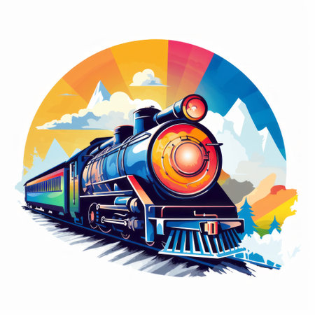 a colorful train rolls along the railroad tracks, reminiscent of vintage poster design. the vibrant color gradients and hand-drawn elements create a visually striking scene. the detailed character illustrations and vibrant murals add depth to the composition. the orange and blue hues evoke a sense of energy and excitement. this artwork showcases the fusion of himalayan art with contemporary aesthetics. ai generatedの素材