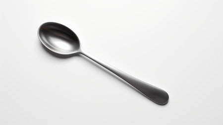 metal spoon on white background, reminiscent of peter saville's style. realistic and detailed rendering, similar to the work of nick veasey. simplified composition with a touch of grace cossington smith's influence. dark tonality adds depth, captured using a long lens. ai generatedの素材