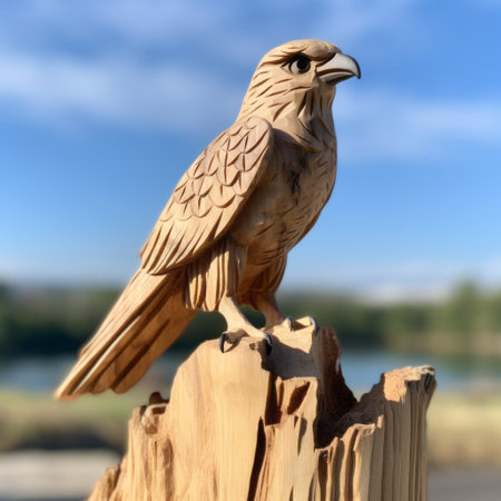 an eagle perches majestically on a meticulously crafted tree stump, showcasing intricate details and bold structural designs. the scene exudes a hyperrealistic depiction of marine life, reminiscent of the pont-aven school. the precisionist lines and shapes capture the essence of the outdoor scene, while the eagle's wandering eye adds a touch of curiosity and intrigue. ai generatedの素材