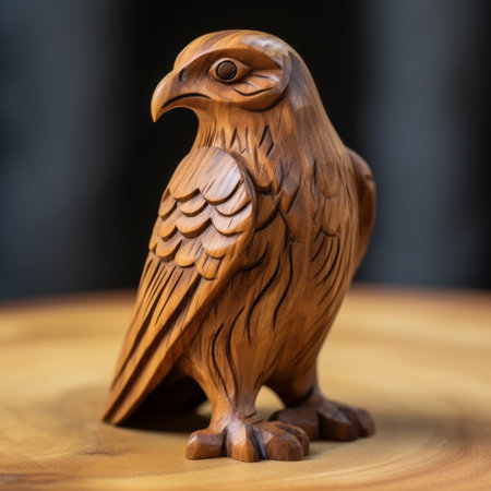 bird carving: this stunning photo showcases a decorative hornady bird carving of an eagle and hawk. crafted in the style of japanese wooden carvings, this intricate piece features a unique blend of celtic art and escher-inspired designs. captured using focus stacking techniques with a zeiss otus 85mm f/1.4 apo planar t lens, the raw character of the carving is beautifully highlighted. a true masterpiece inの素材