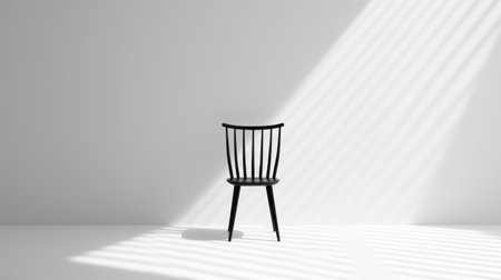 a wooden chair in an empty room with white walls is illuminated by a captivating beam of light. this visually stunning photo showcases the intricate minimalism and monochromatic symmetry of the american tonalist style. with a black background, it exudes the essence of danish design, reminiscent of the works of ed myers. the high-resolution 8k 3d quality adds depth and realism to this captivating composition.の素材