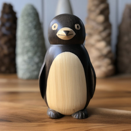 a wooden penguin figurine 3d model, inspired by the style of panasonic lumix s pro 50mm f14, henri rousseau, miwa komatsu, featuring a dark gray and light black color scheme. this intricately crafted piece showcases the artistic influence of kiyoji tsuji and the beauty of norwegian nature. the polished craftsmanship adds a touch of elegance to this unique collectible. ai generatedの素材