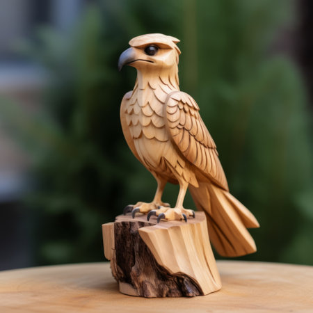 wooden hawk for sale by yehi, inspired by ancient chinese art and the vienna secession movement. this intricately crafted sculpture showcases the influence of the barbizon school and features a multilayered design. with a touch of elegance in its light gold finish, this wooden hawk captures the essence of artistic fusion. ai generatedの素材