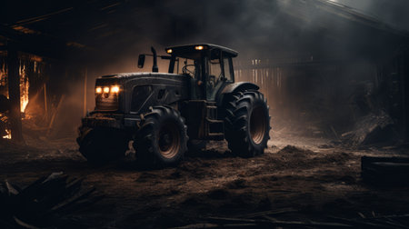 a photo of a dark and brooding designer-style tractor in an old barn. this 8k resolution image captures an adventure-themed scene with explosive pigmentation. the tractor's dark navy and dark bronze colors blend seamlessly with the mist, creating a captivating and beautiful composition. ai generatedの素材