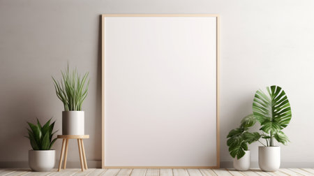 an empty white poster frame with two potted plants is showcased in this 3d rendering photo. the style of the image features a soft, muted color palette with large canvases. captured using a sony alpha a7 iii, the light orange and beige tones create a sophisticated woodblock effect. the clear edge definition and asymmetrical framing add to the overall aesthetic appeal. ai generatedの素材