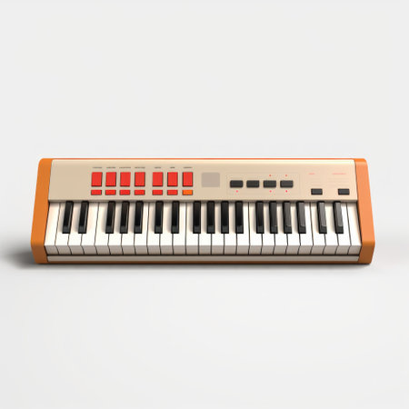 analog keyboard with orange keys in close-up, featuring realistic forms and a beige color scheme. this classic rock-inspired keyboard is a single object with light cyan and red accents. the kimoicore design adds a unique touch to this white background composition. ai generatedの素材