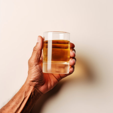 a man holds a glass of whiskey on a beige background, showcasing a minimalist precisionist style. the organic texture of the image adds to its beauty, with a smooth and shiny appearance that gives it a hyper-realistic feel. this carcore-inspired photo captures the essence of elegance and sophistication. ai generatedの素材