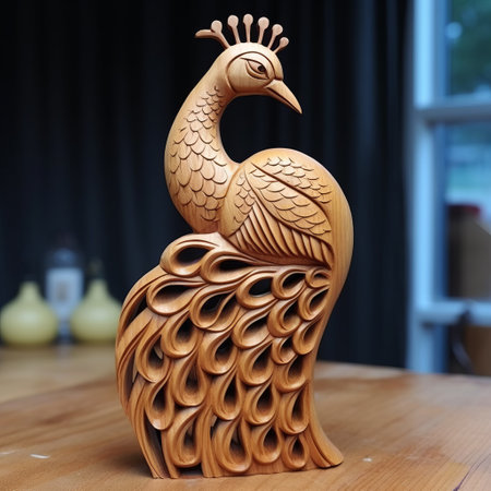 a 3d printed peacock, inspired by the wood sculptor style of whistlerian, traditional vietnamese, maori art, dansaekhwa, featuring engraved line-work, and an eye-catching composition. ai generatedの素材