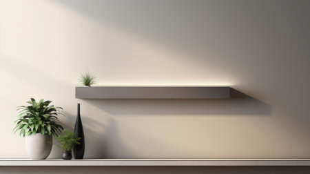 a 3d rendered image in jpg format featuring a plant in a vase placed next to a mirror in an empty space. the image is designed in a dark beige and silver color scheme, with mood lighting enhancing the overall ambiance. the focus is on the joints and connections, showcasing precisionist lines. the image also incorporates luminous sfumato and exhibits an asymmetrical balance. ai generatedの素材