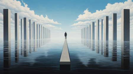 a person stands on a pier, gazing at the water and the mesmerizing sight of floating islands. the scene is reminiscent of the op art style, with chrome reflections and ethereal cloudscapes. the composition showcases orderly symmetry, complemented by minimalist sculptures. the perspective rendering creates a passage into a captivating world of visual illusions. ai generatedの素材