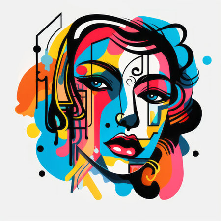 a vector illustration of a female face, showcasing a vibrant and colorful graffiti-style. this technology-based artwork features a majestic composition with traditional and sound art elements. the high contrast compositions and highly stylized figures add an extra layer of visual appeal to this captivating piece. ai generatedの素材