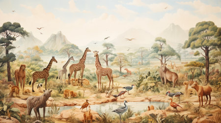 a panoramic scale wall mural featuring a wild animal park with giraffes, elephants, hippos, and zebras. this artwork, inspired by atmospheric landscape paintings, captures the essence of the wilderness. the life-like avian illustrations by charles addams and hyper-detailed illustrations by kestutis kasparavicius add a touch of realism to the romanticized depictions of the park. ai generatedの素材