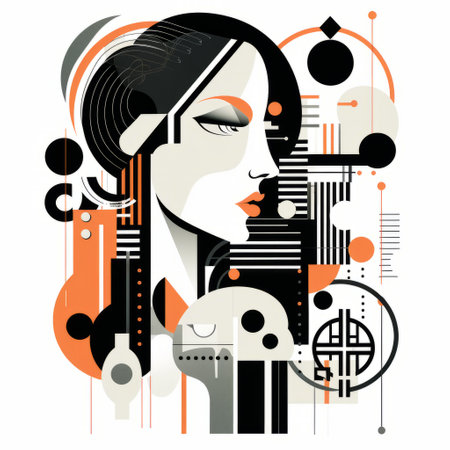 abstract art featuring a girl portrait in the style of tom whalen. this intricate black and white illustration showcases isolated figures with silver and orange accents. the architectural illustrator has created a detailed and intricate composition, reminiscent of gothic illustrations. ai generatedの素材