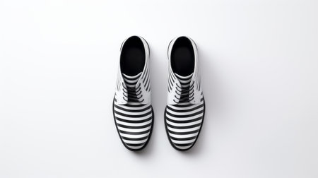 black and white stripe shoes, rendered in cinema4d, stand out against a clean white background. the monochromatic color scheme adds a subtle yet bold and vibrant touch to the stylish design. perfect for mote kei enthusiasts, these shoes embrace the beauty of monochromatic color schemes. ai generatedの素材