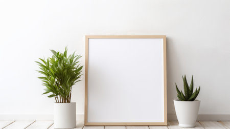 a blank poster frame, in the style of japanese minimalism, stands by a green plant in two pots. the light-filled scene showcases a creative commons attribution, with a human-canvas integration. the color palette consists of light brown and white, creating a serene ambiance. the snapshot aesthetic captures the essence of the moment, while ambient occlusion adds depth to the image. ai generatedの素材