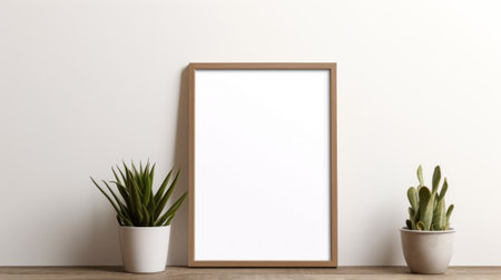 a wooden frame and plants are positioned near a wall with a clean-lined white background. the style of the photo is dark beige and brown, resembling sleek and modern poster art. the image captures a found-object-centric composition, showcasing the beauty of sleek lines. shot with a canon af35m, this photo exudes a minimalist aesthetic. ai generatedの素材