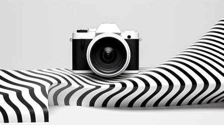 a black and white camera is placed on a zigzagged art background, showcasing a photorealistic rendering. this photography installation features playful streamlined forms and futuristic chromatic waves, creating a visually captivating composition. the camera model used is the rollei prego 90, perfect for capturing stunning wildlife photography. ai generatedの素材