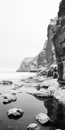 a black and white photograph of a snow beach, reminiscent of the lively coastal landscapes found in the western zhou dynasty. the image showcases organic stone carvings and a soft, muted palette, capturing the essence of nature-inspired imagery. with its 8k resolution, this photograph transports viewers to a world of fantastical ruins. ai generatedの素材