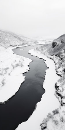snow-covered rivers wind through a majestic mountain landscape, captured in a monochromatic style by hryhorii havrylenko. this national geographic photo showcases the simplicity and beauty of nature. the dark, white, and silver tones create a captivating contrast, reminiscent of the artistic style of kinuko y. craft and the wildlife photography of osamu tezuka. ai generatedの素材