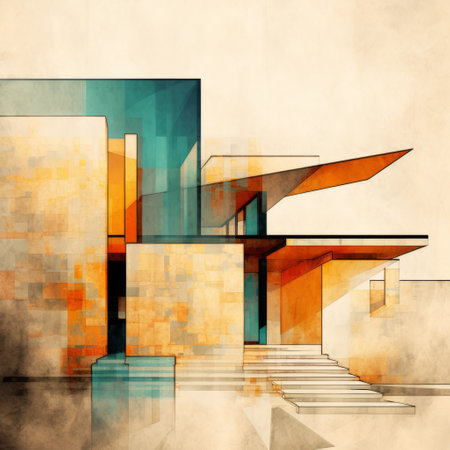 a modern residential edwardian house in sydney, new south wales, featuring abstract cubism elements. the house is adorned with a combination of light orange and dark aquamarine colors, creating dreamy watercolor scenes. the architectural blueprint showcases the use of concrete, while the dynamic perspective adds depth to the design. the color scheme is predominantly cyan and amber, adding a vibrant touch to the overall aesthetic.の素材