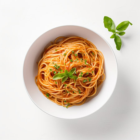 italian traditional spaghetti with fresh basil is beautifully presented in a white bowl. the dish is captured in a high-angle shot, showcasing its vibrant colors of light orange and light crimson. the photograph has a streamlined design and a touch of artistic flair with the use of a c-mount lens, karencore, trace monotone, and loose brushwork. ai generatedの素材