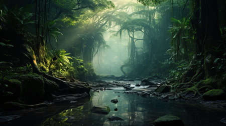 the photo captures a stunning jungle scene with a meandering river, reminiscent of the artistic styles of raphael lacoste and mikko lagerstedt. the image showcases exotic flora and fauna, along with highly detailed environments. the tropical landscape is enhanced by the interplay of intense light and dark, creating a captivating visual experience. ai generatedの素材