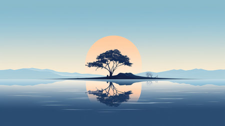 a lone tree stands beside the water in this abstract design with a blue background. the artwork is created in the style of flat illustrations, featuring exotic fantasy landscapes and reflections. it draws inspiration from traditional african art, offering a mesmerizing visual experience. the image is captured in 8k resolution, showcasing the intricate details of the romantic seascapes and dramatic landscapes. ai generatedの素材
