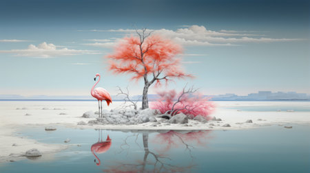 a red flamingo stands gracefully on a frozen lake, captured in a conceptual digital art style. the naturalistic depiction of flora and fauna showcases the vibrant pink and aquamarine colors, creating a striking contrast. the image evokes a sense of balance and resembles delicately rendered landscapes found in museum gallery dioramas, transporting viewers to exotic and captivating landscapes. ai generatedの素材