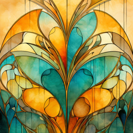 a stained glass pendant and heart wall art by dabny sanders, featuring art nouveau-inspired illustrations. the design showcases symmetrical abstraction with cyan and amber hues. watercolor illustrations depict intricate leaf patterns and layered organic forms, creating a mesmerizing blend of light gold and teal tones. ai generatedの素材