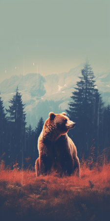 a bear stands majestically in a lush green field, gazing out at the vast expanse of the ocean. this hauntingly beautiful illustration captures the serene yet powerful presence of the bear. with mountainous vistas in the background, the dark gray and amber tones add a touch of mystery. the image evokes a sense of wilderness and is enhanced by the artistic styles of forestpunk andの素材
