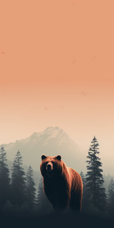 a bear standing amidst trees during a beautiful sunset. this minimalist background showcases mountainous vistas in stunning 32k uhd resolution. the brown bear is depicted in its natural habitat, with a smokey background adding to the ambiance. perfect for nature enthusiasts and fans of hikecore aesthetics. ai generatedの素材