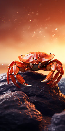 a crab perched on a rock, showcasing an orange reflection in the water. this rendered image, created in cinema4d, features richly detailed backgrounds. inspired by the works of mars ravelo, the colors used are light gold and light crimson. the image captures the essence of scientific illustrations and is reminiscent of energy-filled illustrations found in unreal engine 5. ai generatedの素材