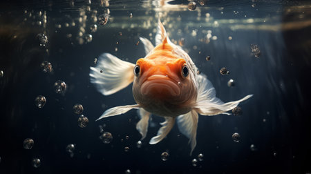 a goldfish, with a strong facial expression, swims gracefully in water surrounded by bubbles. this characterful animal portrait is captured in the style of precisionist art, featuring a matte photo with a dark orange and white color palette. the intricate details of the fish's features are highlighted by the vignetting effect, creating a captivating image. ai generatedの素材