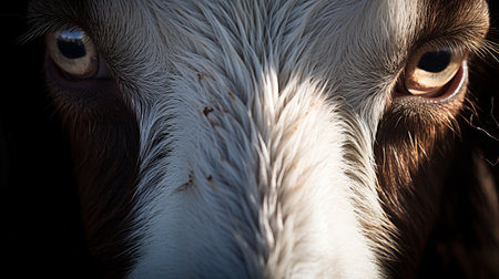 the horse's face, captured with a goerz hypergon 65mm f8 lens, showcases a light brown coloration. this close-up photograph, taken with a canon eos 5d mark iv, highlights the furry art and contrasting shadows. the image also features a reduction of canine anatomy, with dark white and red tones adding depth to the composition. ai generatedの素材