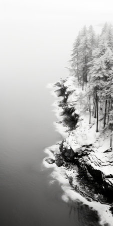a black and white photograph capturing the serene beauty of a snowy winter coast. this national geographic-style image showcases meditative color contrasts and a naturalistic color palette. with elements of forestpunk and the artistic touch of an associated press photo, the matte finish adds to its allure. ai generatedの素材